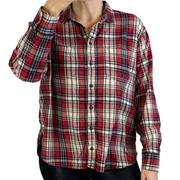 Madewell Tops - Madewell Oversized Ex-Boyfriend Button Front Flannel Shirt Top Size L Red Plaid